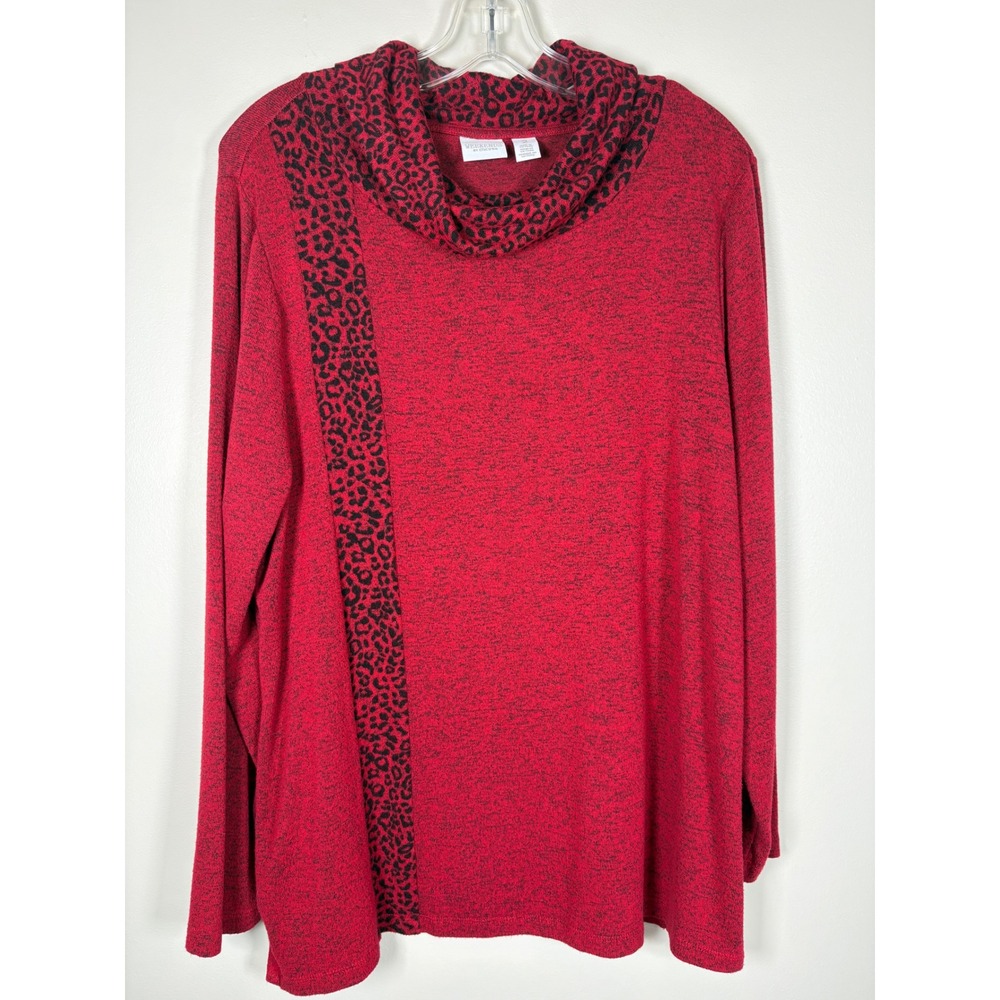 Weekends by Chicos Red Marled Cowl Neck Leopard Print Accent Top Size 2 Large